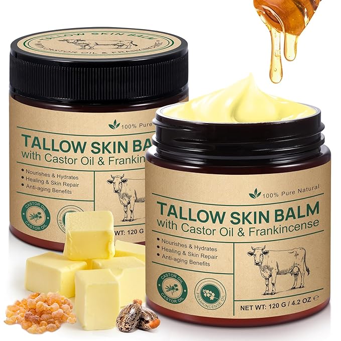 Tallow Castor Frankincense Oil Cream, 2 Pack Beef Tallow for Skin Care with Castor & Frankincense Oil Balm, Moisturising Cream for Face & Body for Sensitive and Dry Skin, Deeply Hydrating Anti-aging