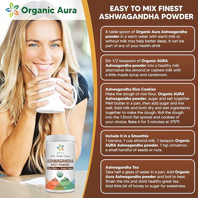 Certified Organic Ashwagandha Root Powder 16Oz -1Lb. Natural Stress, Brain and Immune Support. Enhances Overall Health. Raw Superfood. 100% Natural Herbal