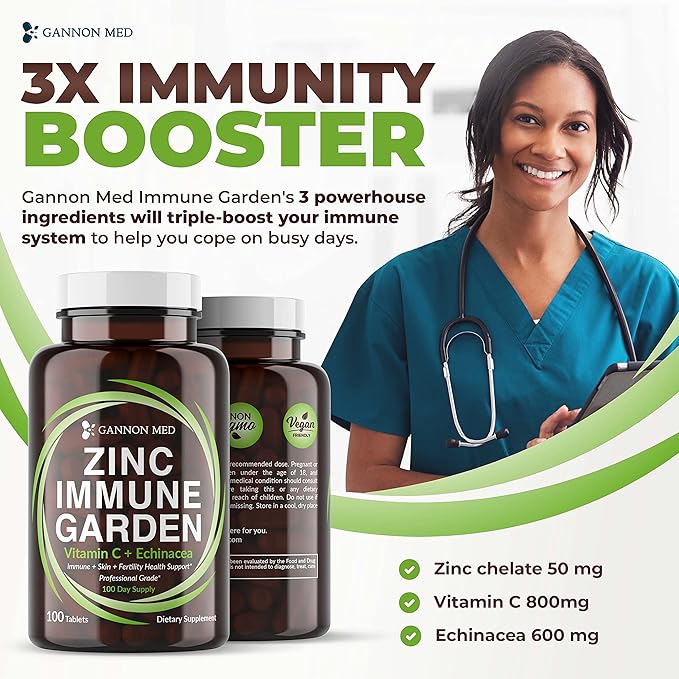 Chelated Zinc 50mg Immune Garden Vitamin C 800mg Zinc Supplements Echinacea 600mg per Tablet - Immunity + Skin + Reproductive Health Minerals - Zinc Chelate Immune Booster for Kids & Adults