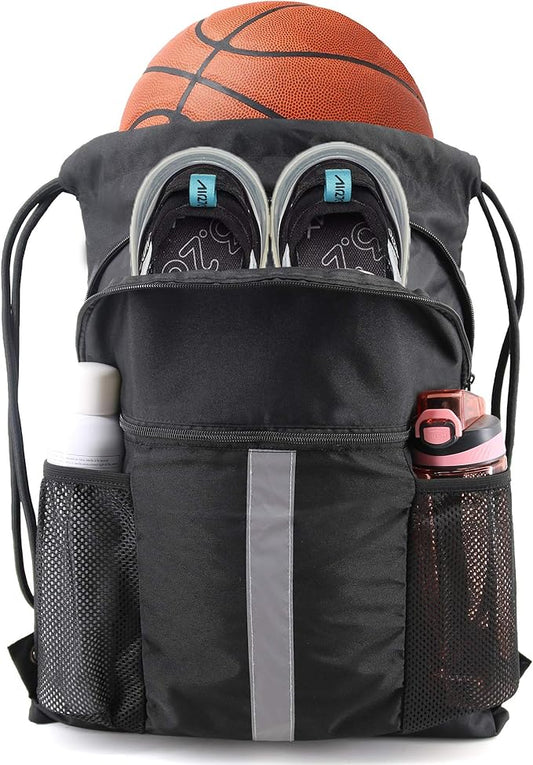 BeeGreen Drawstring Backpack Bag with Shoe Compartment, X-Large Black Gym Sports String Cinch Backpack