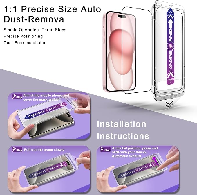 2 Pack Screen Protector for iPhone 14 Pro/iPhone 15 / iPhone 16, 9H Tempered