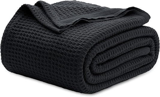 Bedsure 100% Cotton Blanket King Size for Bed - Breathable and Soft, Waffle Weave Blanket for Summer Spring, Black, 104x90 inches