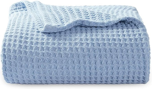 Bedsure 100% Cotton Large Throw Blanket for Couch 50x70 inches - Breathable and Soft, Waffle Weave Throw Blanket for Office, Sky Blue