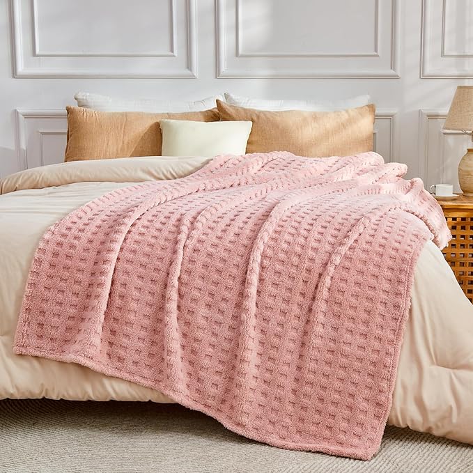 NEWCOSPLAY Super Soft Throw Blanket Pink Premium Silky Flannel Fleece 3D Waffle Checkered Lightweight Bed Blanket All Season Use (Pink, Throw(50"x70"))