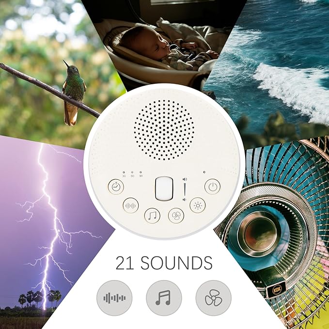 White Noise Machine - Portable Sound Machine for Baby and Adult, with 21 Quality Non-looping Sleep Sounds, Night Light, Rechargeable Battery, for Travel, Home, Sound Therapy, Registry Gift