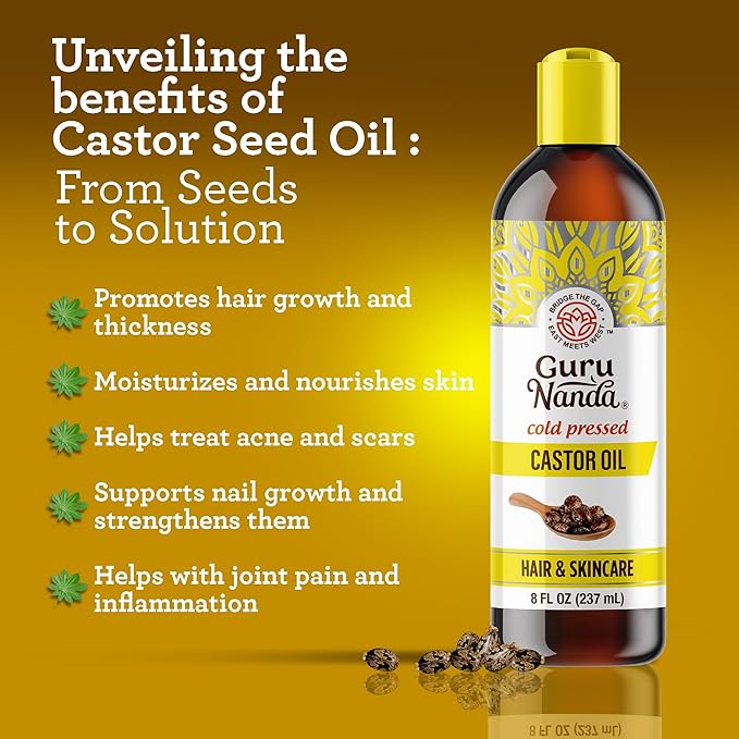 GuruNanda Castor Oil (8 Fl oz), 100% Pure & Natural - Cold Pressed & Hexane-Free, Hydrating Carrier Oil for Skin, Hair, Eyebrows & Eyelashes Growth