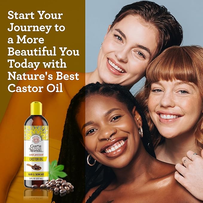 GuruNanda Castor Oil (8 Fl oz), 100% Pure & Natural - Cold Pressed & Hexane-Free, Hydrating Carrier Oil for Skin, Hair, Eyebrows & Eyelashes Growth