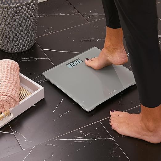 Taylor Digital Scales for Body Weight, Highly Accurate 350 LB Capacity Bathroom Scale, 11.0 x 11.0 Inch Durable Glass Platform, Battery Powered, Easy to Read, Gray