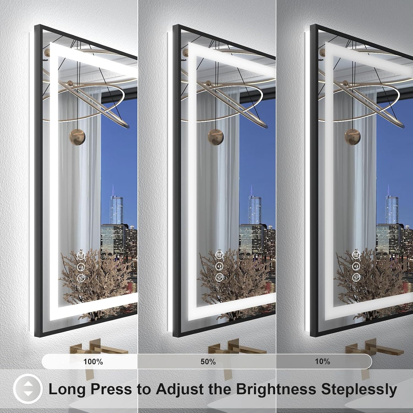 OKPAL 60x28 LED Bathroom Mirror, Black Framed Lighted Bathroom Mirror, Lighted Vanity Mirror with Lights, Dimmable, Anti-Fog, 3 Colors, Memory, Shatterproof, ETL Listed (Front and Backlit)