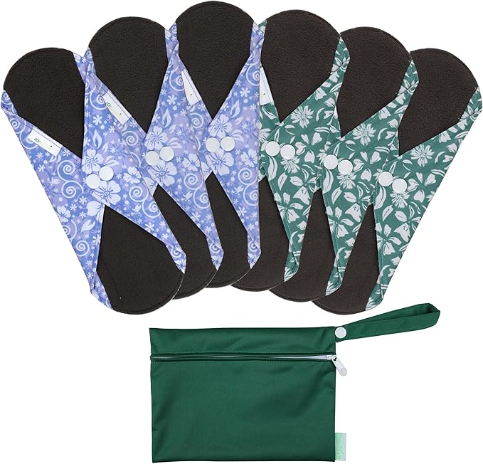 wegreeco Reusable Menstrual Pads - Reusable Sanitary Pads | Reusable Panty Liners | Soft Cloth Menstrual Pads - 6 Pack, 1 Cloth Wet Bag (in Full Bloom Flower, Large)