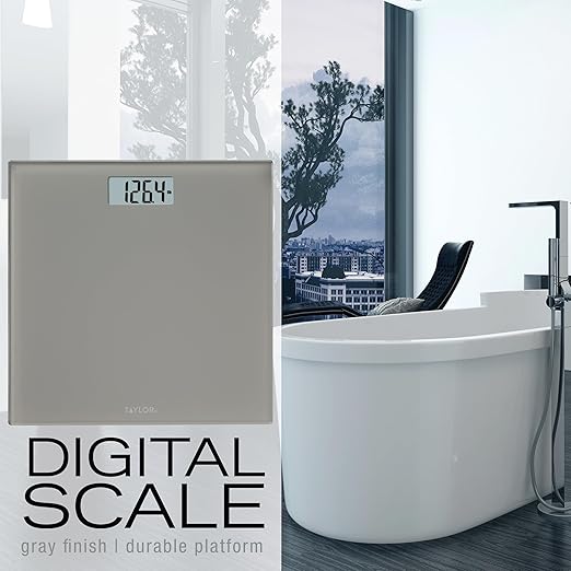 Taylor Digital Scales for Body Weight, Highly Accurate 350 LB Capacity Bathroom Scale, 11.0 x 11.0 Inch Durable Glass Platform, Battery Powered, Easy to Read, Gray