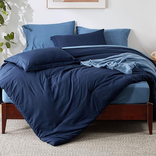 Bedsure Full Comforter Set Navy Blue, 8 Pieces Prewashed Full Size Bed in a Bag with Soft Fleece Bed Blanket, Down Alternative Bedding Set for All Seasons, Sheets, Pillowcases & Shams