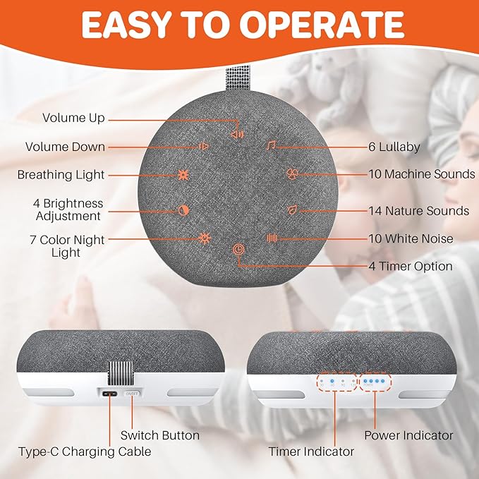 FUNYKICH White Noise Sound Machine, Portable Sound Machine for Sleep with 40 Soothing Sounds, Battery Indicator, Timer & Night Light, Sound Therapy White Noise Machine for Adults Baby Kids(Darkgray)