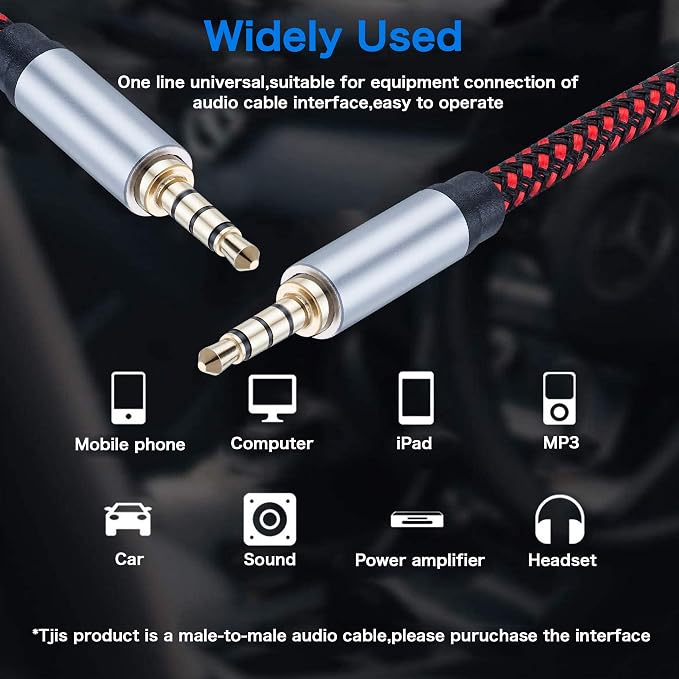 Male to Male Audio Cable 15Ft, 90 Degree TRRS 3.5mm 4 Pole Nylon Braided Stereo