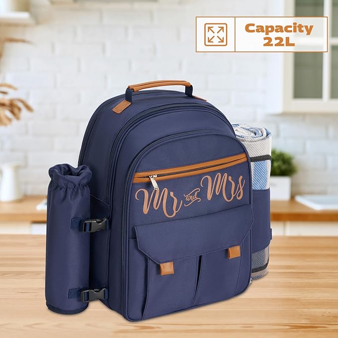 Couple Gifts 22L Picnic Basket Set, Blue Insulated Picnic Backpack for 2, Leak Proof Cooler Camping Gifts, Cool Bridal Shower Gifts Anniversary Engagement Wedding Gifts for Couples, Mr and Mrs Gifts