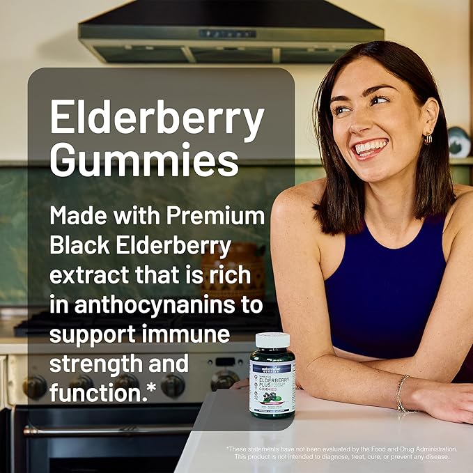 NatureWise Sambucus Elderberry Gummies - Immune Support Supplement for Kids Ages 4+ & Adults with Vitamin C, D3, Zinc - Elderberries Equivalent to 3520mg - Vegan, Non-GMO - 180 Count[90-Day Supply]