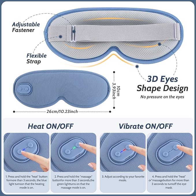 Cordless Heated Massager Eye Mask,Light Blocking 3D Sleeping Eye Mask with Heat and Vibration,Portable Rechargeable Sleep Mask,for Eye Fatigue, Better Sleep,Dry Eye Comfort