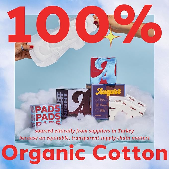 August Organic Cover Menstrual Pads for Women and Anyone Who Menstruates, Super Absorbency, 4 Organic Cotton Super Pads with Wings, Compostable Wrappers, Fragrance Free