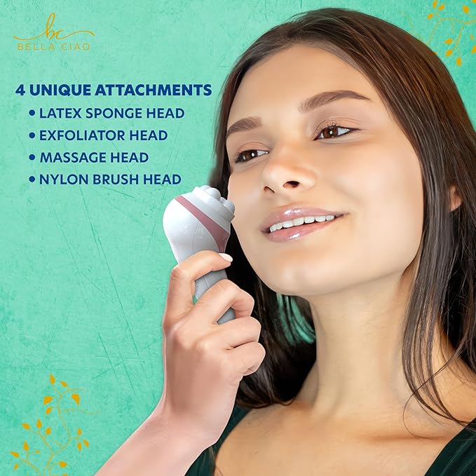 Bella Ciao 5-Piece Sonic Facial Cleansing Brush Set, Pink | Battery Operated Face Scrubber Exfoliator, Makeup Remover Skin Care Tools w/ 4 Attachments| Face Cleansing Brush, Skin Exfoliator for Body