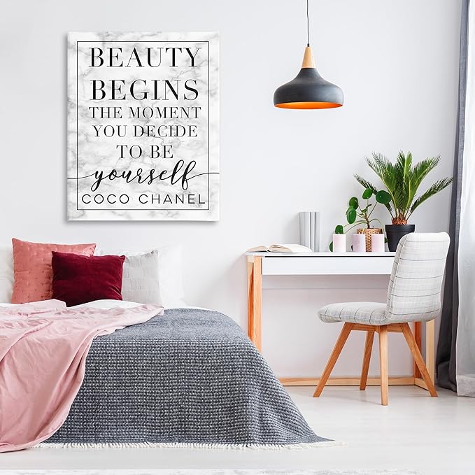 Stupell Industries Beauty Begins Once You Decide to Be Yourself White Marble Typography, Design by Daphne Polselli Wall Art, 36x48, Black