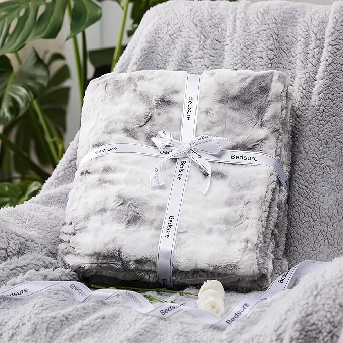Bedsure Sherpa Blanket Twin Size - Soft, Fuzzy & Fluffy Faux Fur - Warm, Cozy Blanket for Couch, Sofa and Bed, Tie Dye Design, Light Grey, 60x80 Inches