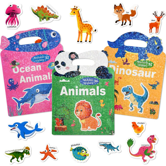 ASTARON 3 Pack Reusable 3D Puffy Sticker Book for Kids 3-6, Jelly Sticker Game Educational Sensory Learning Toy, Travel Toys and Busy Book(Animal Shade Handle)