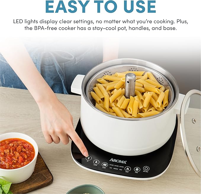 Aroma Housewares 2.5-Liter Smart Electric Hot Pot & Rapid Boil Steamer with Automatic Stainless Steel Steamer Basket Lift, White, ASP-700