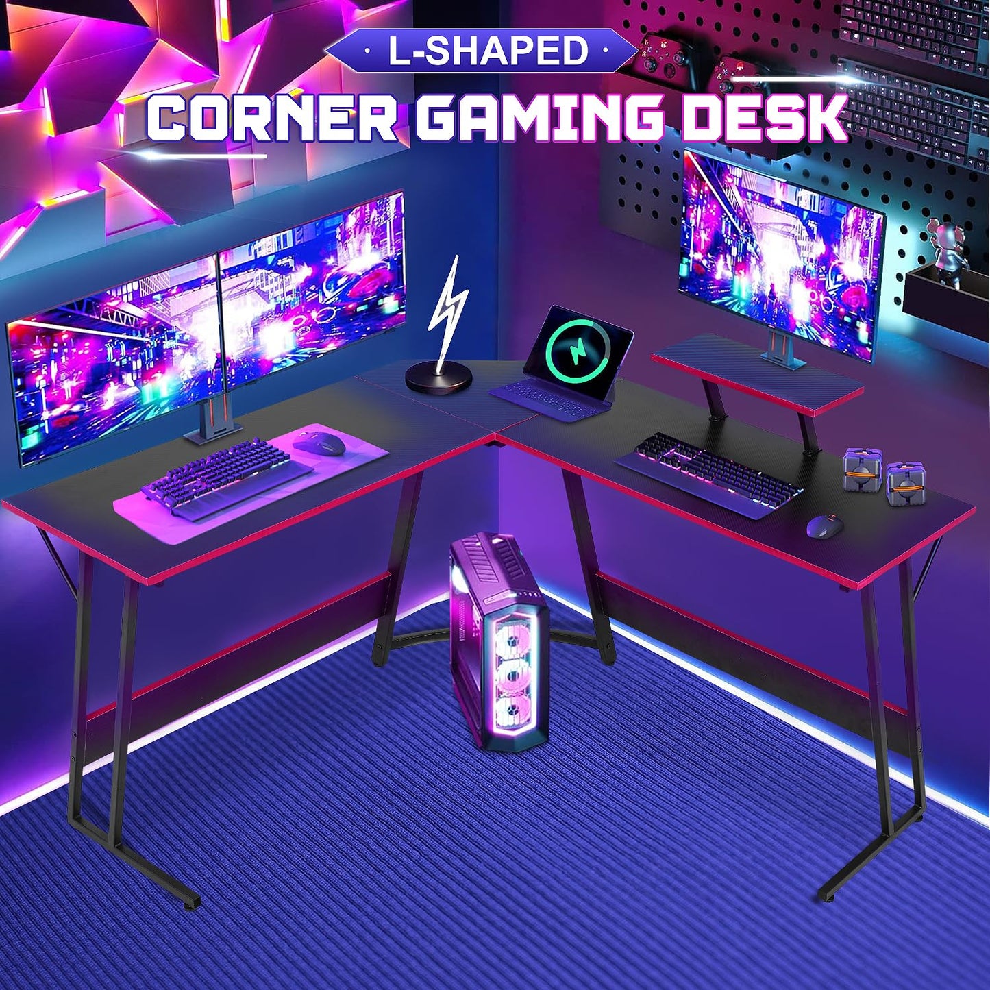 NChanmar L Shaped Gaming Desk with Monitor Riser Stand, Home Office Corner Desk for Studying, Working, Large Desktop, Black