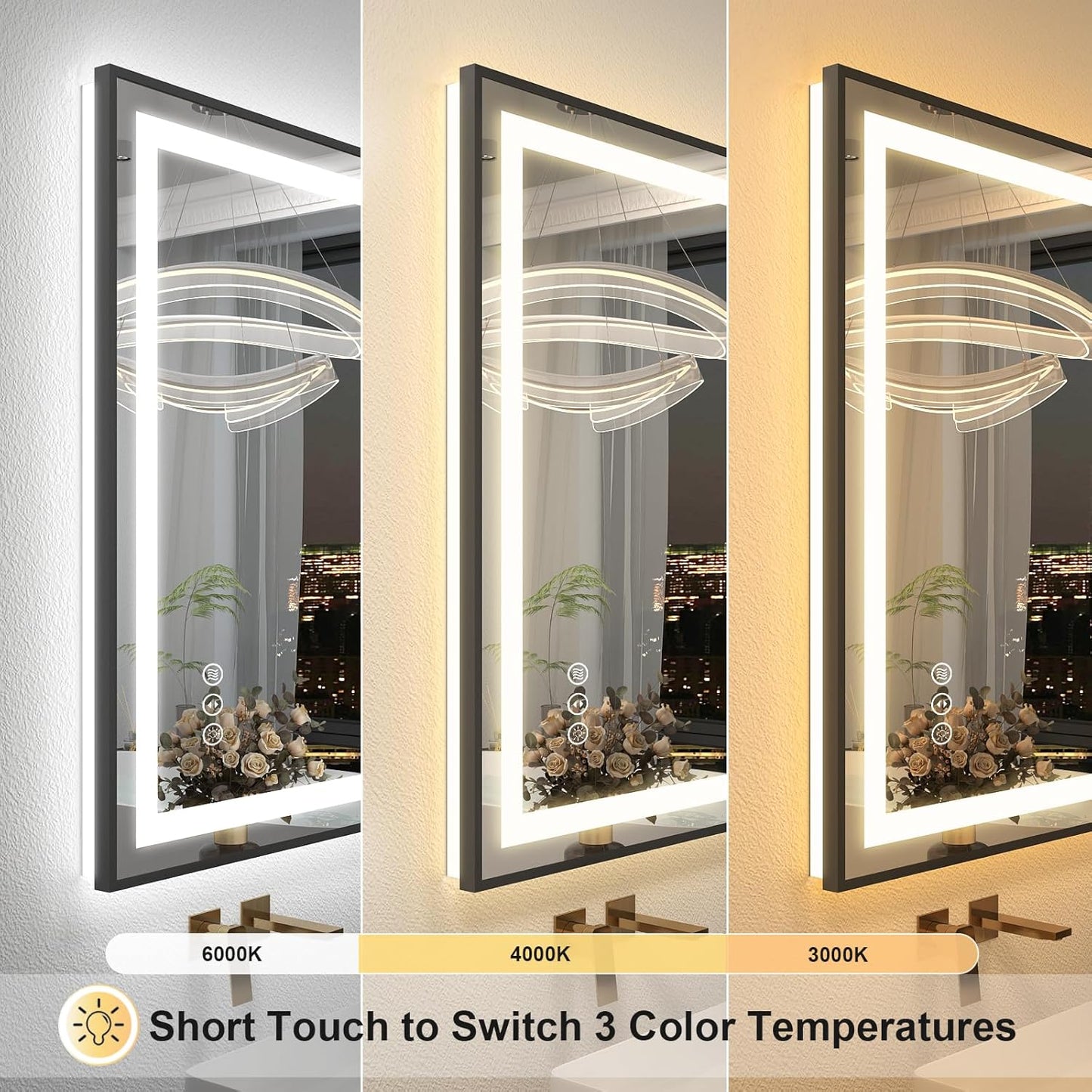 OKPAL 66x36 LED Bathroom Mirror with Lights, Frontlit & Backlit Lighted Bathroom Mirror, Black Lighted Bathroom Vanity Mirror, Anti-Fog, Dimmable 3 Colors, Shatterproof, Horizontal/Vertical