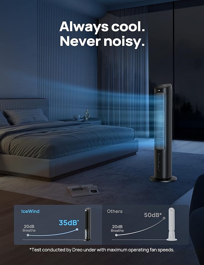 Dreo Tower Fan for Bedroom, 40" Evaporative Air Cooler, Cooling Fans That Blow Cold Air with 80° Oscillating, Removable Water Tank, 3 Modes 4-Speed, Remote Control, Quiet Floor Fan, 7H Timer，Black