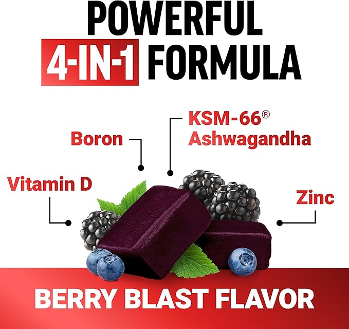 FORCE FACTOR Test X180, Testosterone Support for Men with Clinically Studied KSM-66 Ashwagandha, Boron, Vitamin D & Zinc, Support Testosterone & Performance, Berry Blast, 60 Soft Chews