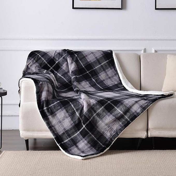 SOCHOW Sherpa Plaid Fleece Throw Blanket, Double-Sided Super Soft Luxurious Bedding Blanket 60 x 80 inches, Grey