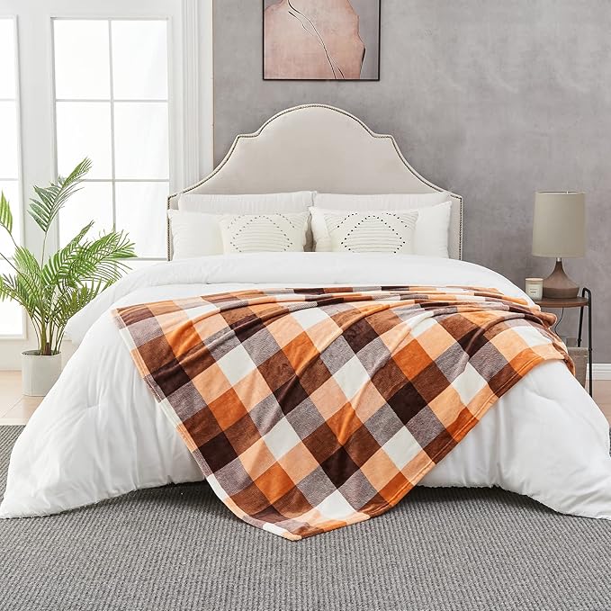 SOCHOW Buffalo Plaid Flannel Fleece Throw Blanket 90 x 90 Inches, Soft Lightweight Cozy All Season Orange Checkered Blanket for Bed, Couch, Car