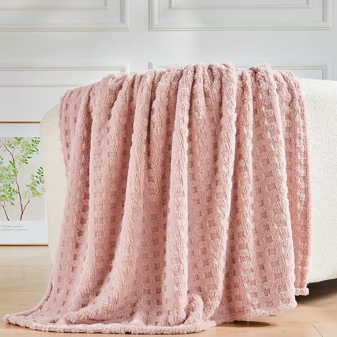 NEWCOSPLAY Super Soft Throw Blanket Pink Premium Silky Flannel Fleece 3D Waffle Checkered Lightweight Bed Blanket All Season Use (Pink, Throw(50"x70"))