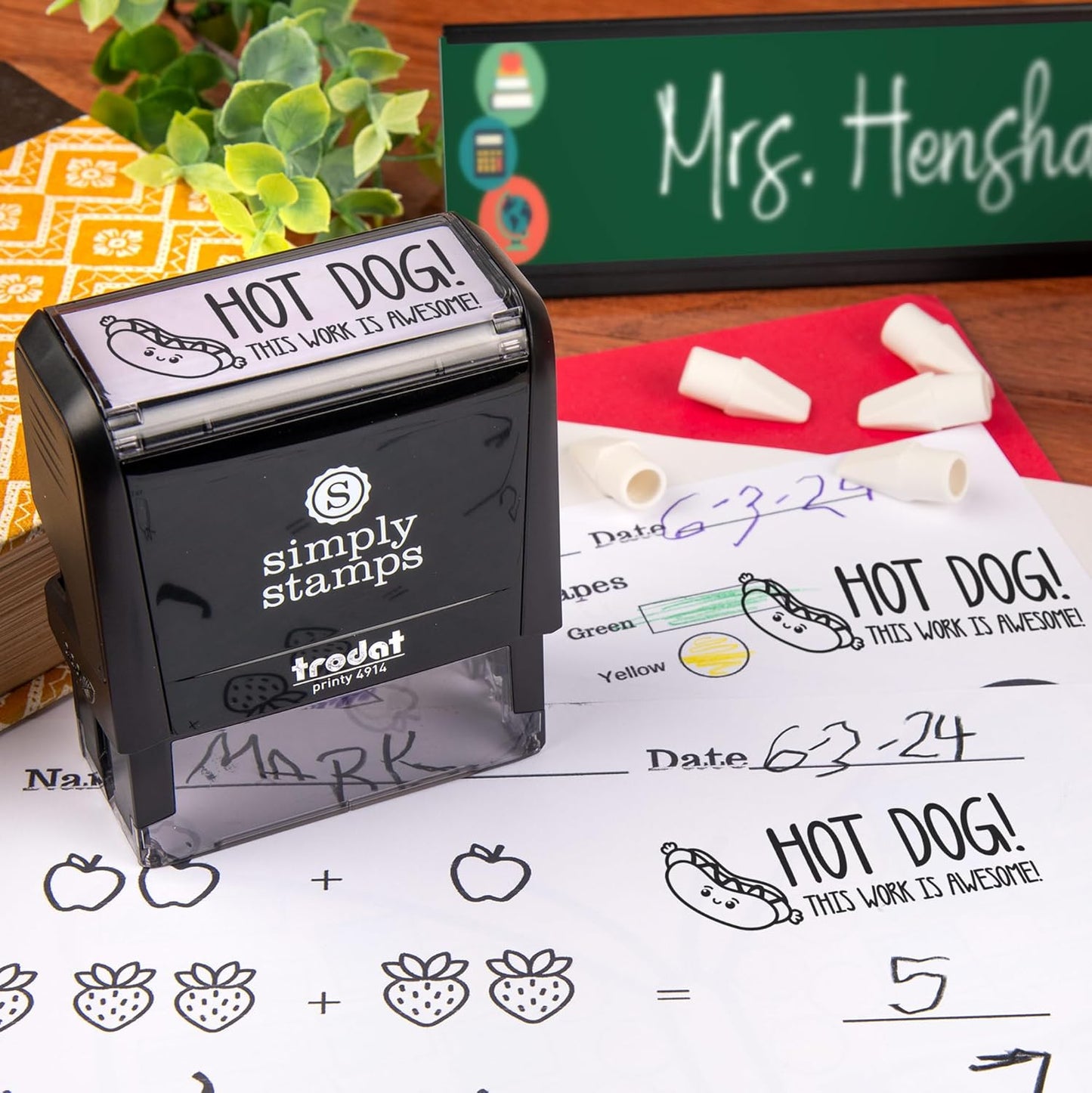 Custom Self-Inking Custom Stamps | 49 Designs | Fun Phrases | Grading Made Easy | Classroom and Library Book Stamps (Hot Dog!, Xtra Wide)