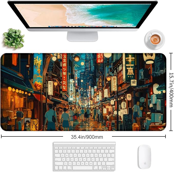 Cute Japanese Street Desk Mat, Anime Tokyo Street Night Scene Large Mouse Mat