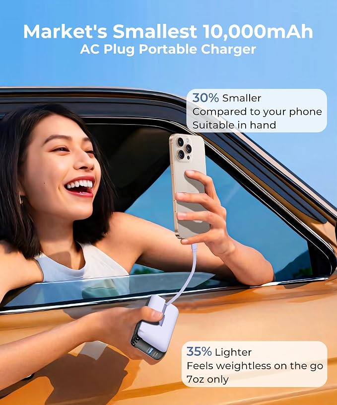 Portable Charger with Built-in USB-C Cable & Plug, 000mAh 5V/4.5A Power Bank