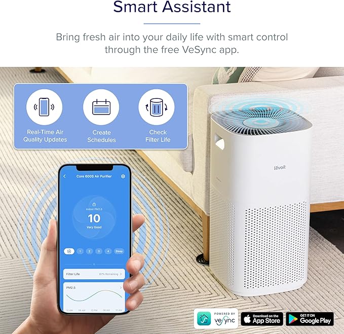 LEVOIT Air Purifiers for Home Large Room Up to 2933 Sq. Ft with Smart WiFi, PM2.5 Monitor, HEPA Sleep Mode, 3-in-1 Filter for Smoke, Pet Allergies, Dust and Odor, Alexa Control, Core 600S-P, White