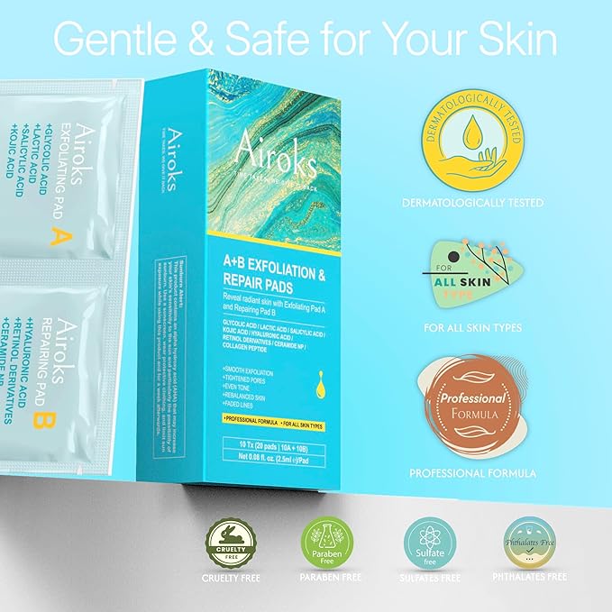 A+B Exfoliating & Repair Face Pads 10 Tx - 2-Step Acid Peel Serum Treatment with Glycolic, Salicylic, Kojic Acid & Retinol Hyaluronic Peptides for Smooth Skin, Pore Minimizer, Hyperpigmentation