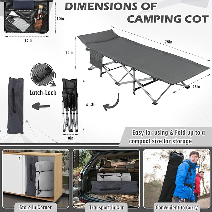 Folding Camping Cot 28inch w/Mattress, Heavy Duty Portable Sleeping Cot with Carry Bag, Double Layer Oxford Travel Camp Cots for Outdoors & Indoors, Suit for Adults Kids，Grey