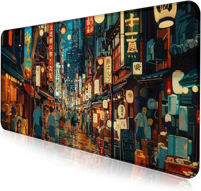 Cute Japanese Street Desk Mat, Anime Tokyo Street Night Scene Large Mouse Mat