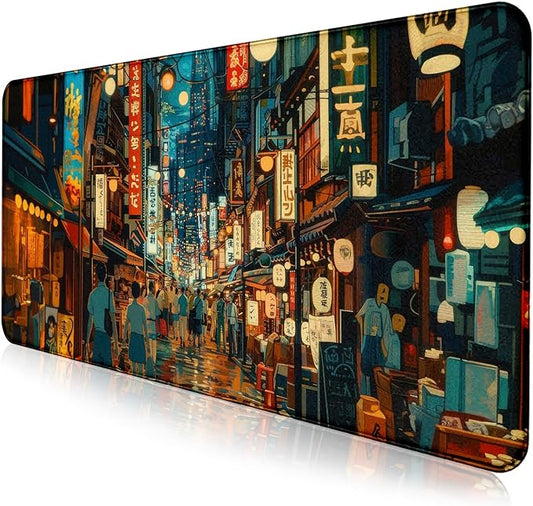 Cute Japanese Street Desk Mat, Anime Tokyo Street Night Scene Large Mouse Mat