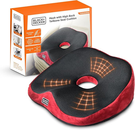 BLACK+DECKER High Back Tailbone Seat Cushion – Memory Foam Chair Cushion for Office, Car, Wheelchair & Airplane – Ergonomic, Non Slip, Breathable Mesh, Sciatic Pain Relief, Washable Cover, Purple