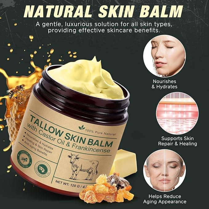 Tallow Castor Frankincense Oil Cream, 2 Pack Beef Tallow for Skin Care with Castor & Frankincense Oil Balm, Moisturising Cream for Face & Body for Sensitive and Dry Skin, Deeply Hydrating Anti-aging