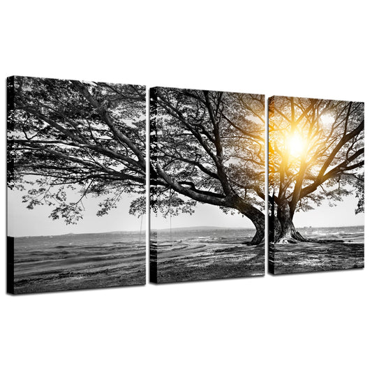 Biuteawal 3 Piece Wall Art Black White Tree at Warm Sunrise Landscape Picture Photo Canvas Prints Nature Tree of Life Painting for Home Office Living Room Decor Stretched and Framed Ready to Hang