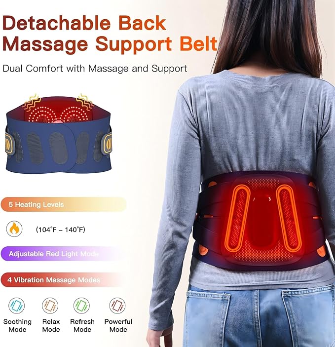 Back Heating Pad with Massager for Back Pain Relief, Detachable Vibrating Massager Waist Lumbar Belt, Wide Range of Fit for 30-53 Waist