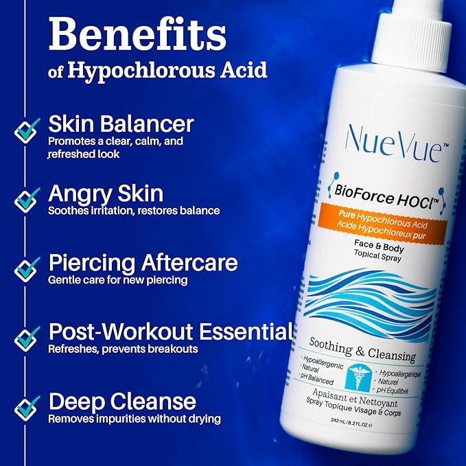 BioForce HOCl Pure Hypochlorous Acid Spray Refill for Face & Body (33 Oz) - Acne-Prone Skin & Eczema, Piercing aftercare, Made in Canada, Gentle Skin Cleanser & Toner, pH Balanced, Non-comedogenic