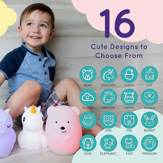 Lumipets Remote Control Silicone Night Light for Kids - Bunny Design with 9 Soft Colors & Sleep Timer - Rechargeable, Battery-Operated Lamp for Bedroom | Baby Nursery, Toddler, Girls, Boys