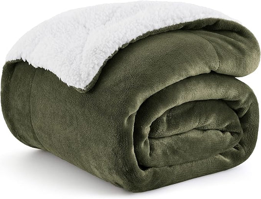 Bedsure Sherpa Fleece Throw Blanket Twin Size for Couch - Thick and Warm, Soft Fuzzy Plush Twin Blanket for Winter, Olive Green, 60x80 Inches