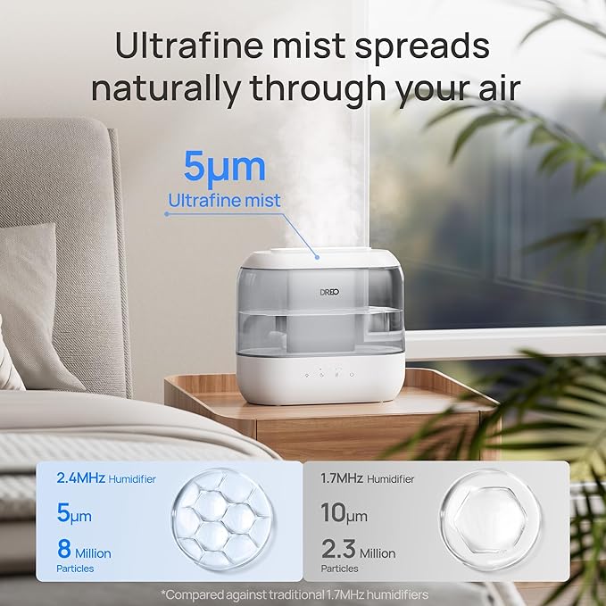 Dreo 4L Humidifiers for Bedroom, Quiet Supersized Cool Mist Ultrasonic Humidifier with Diffuser, 60 Hour Runtime for Home, Nursery, Plant, Gray